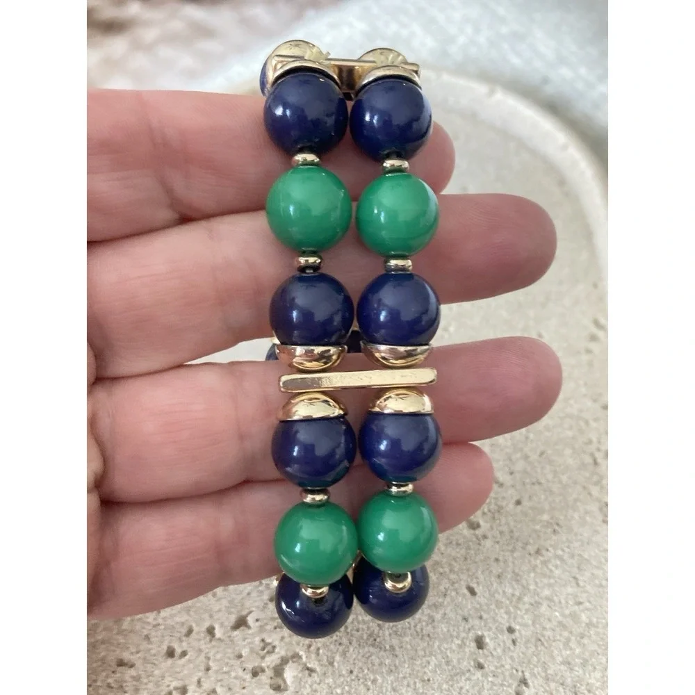 Chunky Beaded Stretch Bracelet Blue Green Gold Tone Preppy Statement Nautical‎